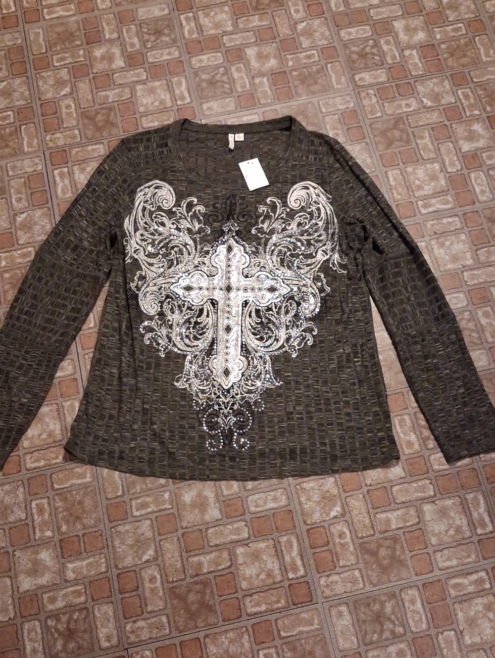 Gray Long-Sleeve Woven Top with Embellished Cross Detail